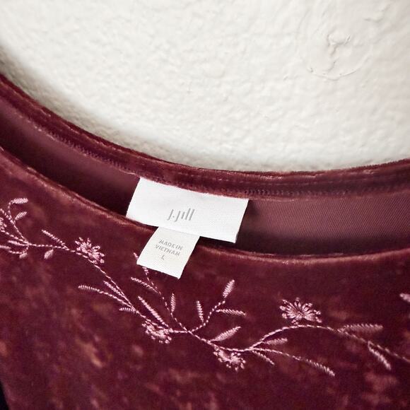 [J. Jill] Maroon Floral Embroidered Scoop Neck Velvet Blouse Boho Tunic Sz Large - Picture 9 of 10